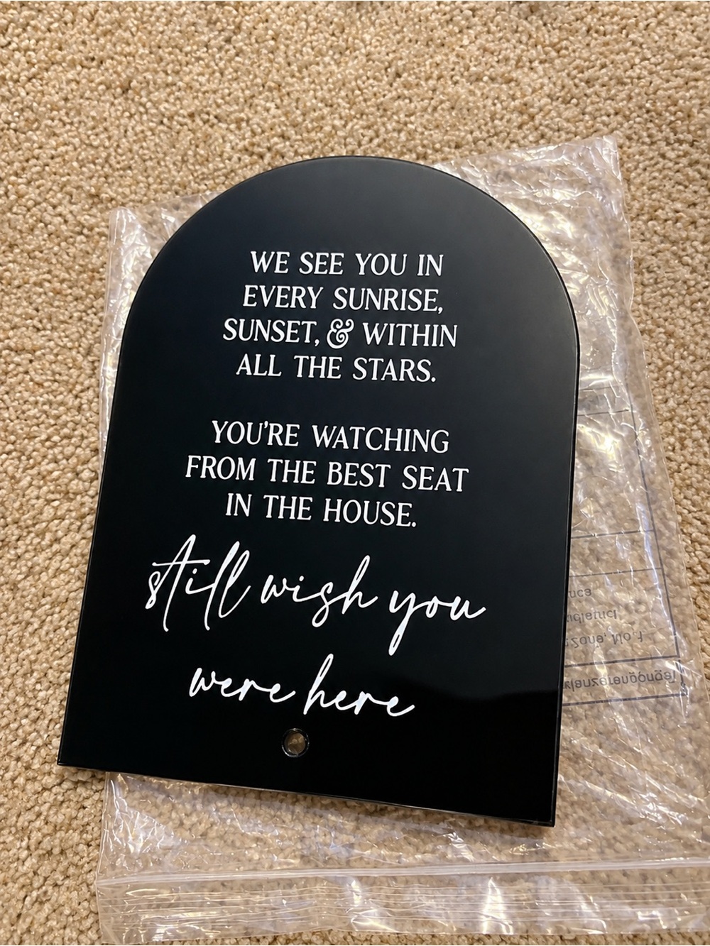 Black Memorial Plaque with White Script; Wedding Decor